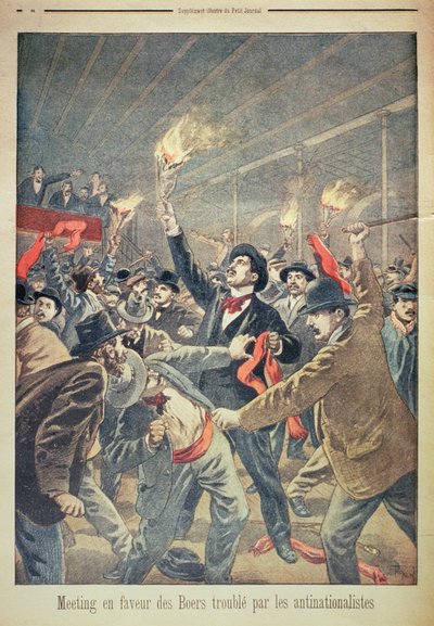 Een Bijeenkomst ten Gunste van de Boeren Verstoord door Anti-Nationalisten, illustratie uit Le Petit Journal, ca. 1899 door Oswaldo Tofani